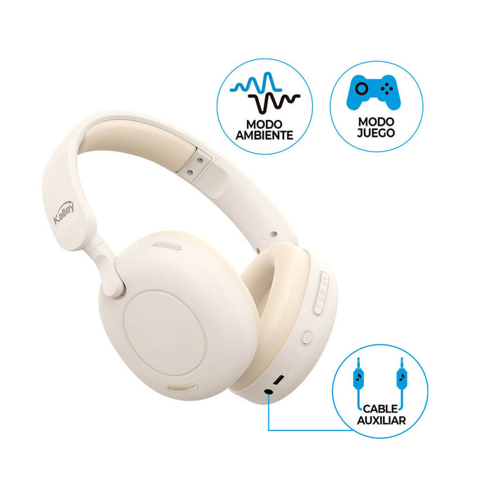 Audífonos de diadema inalámbricos bluetooth Over cancelación de ruido crema marca Kalley