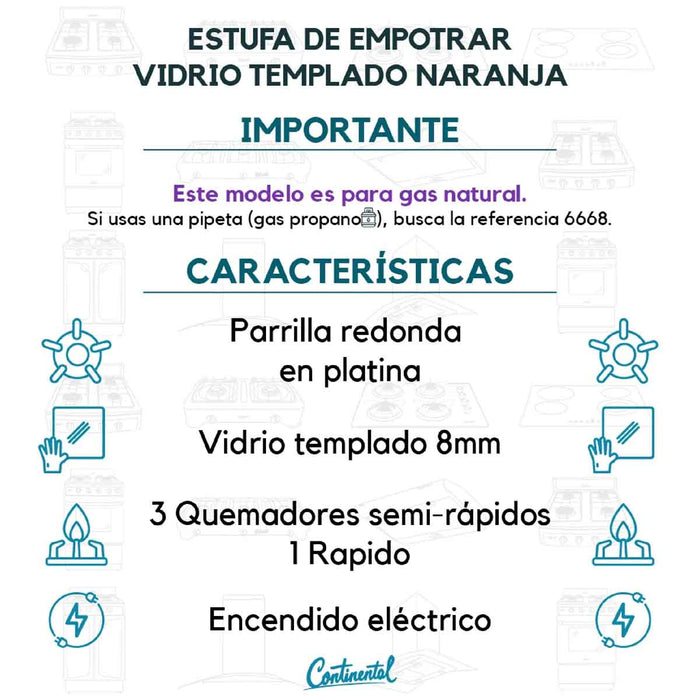 electrodomesticosdecocinaestufaempotrable4puestosconmedida62x52agasnatural110venvidriotempladonaranja6682continentalclb6682mpmadecentro6