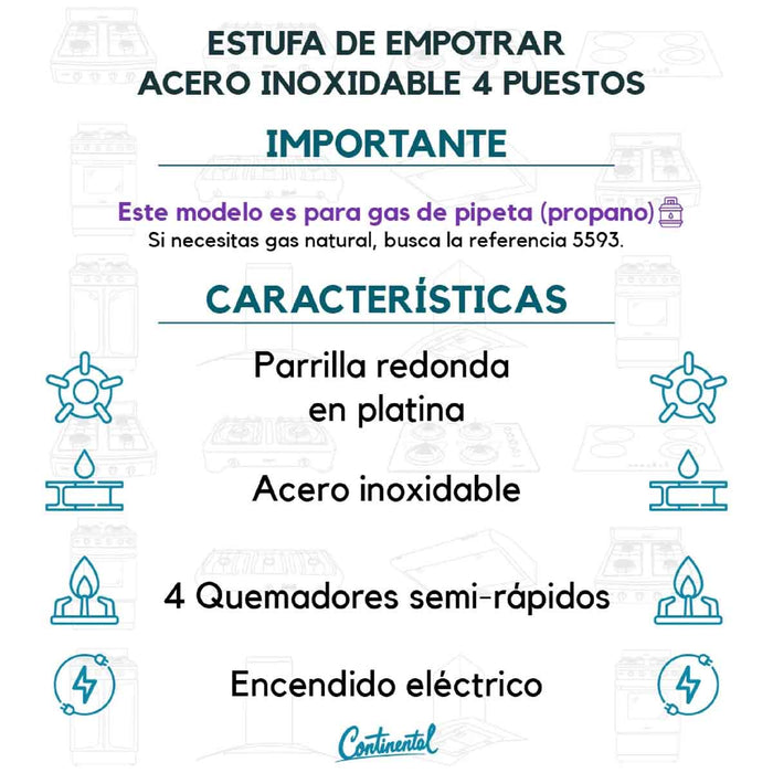 electrodomesticosdecocinaestufaempotrable4puestosconmedidade53x11agaspropanoaceroinoxidable5586continentalclb5586mpmadecentro7