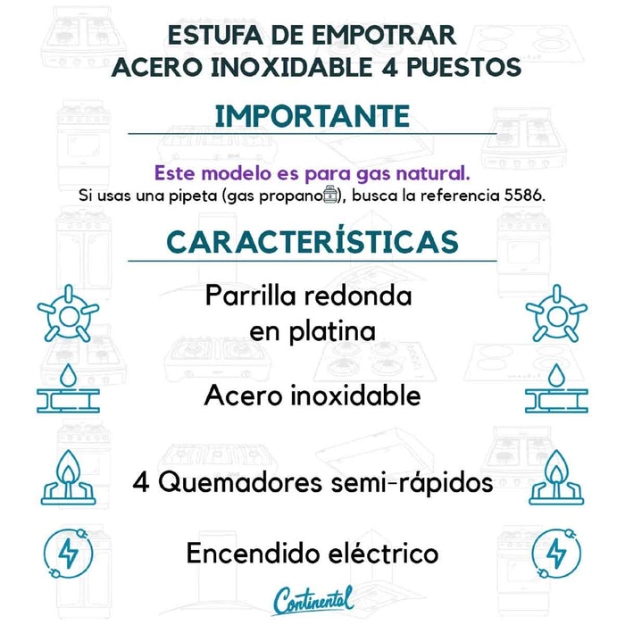 electrodomesticosdecocinaestufaempotrable4puestosconmedidade53x42agasnaturalenaceroinoxidable5593continentalclb5593mpmadecentro7
