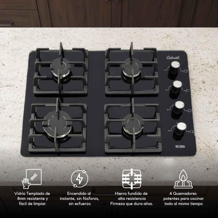 electrodomesticosdecocinaestufaempotrable4puestosconmedidade60x45agasnatural110venvidriotempladoparrillahierrofundido6309continentalclb6309mpmadecentro