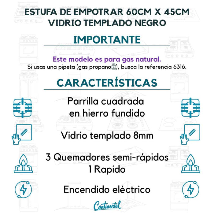 electrodomesticosdecocinaestufaempotrable4puestosconmedidade60x45agasnatural110venvidriotempladoparrillahierrofundido6309continentalclb6309mpmadecentro