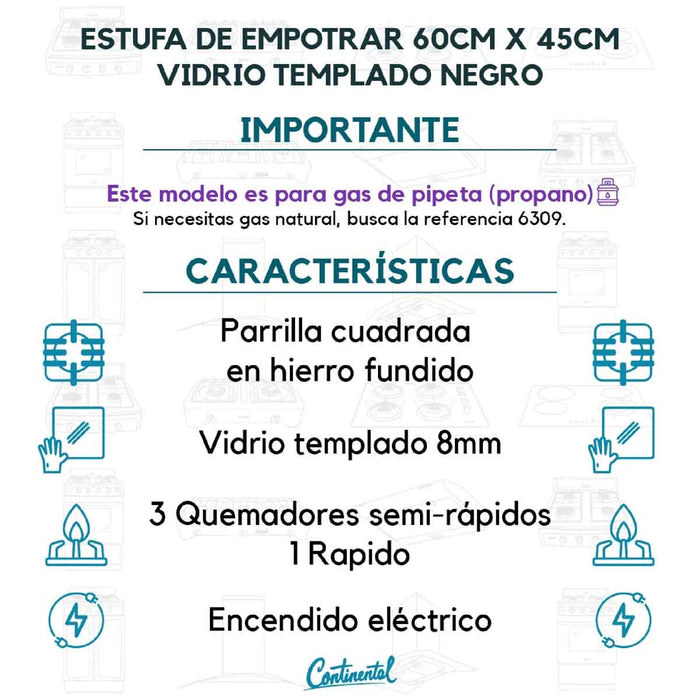 electrodomesticosdecocinaestufaempotrable4puestosconmedidade60x45agaspropano110venvidriotempladoparrillahierrofundido6316continentalclb6316mpmadecentro6