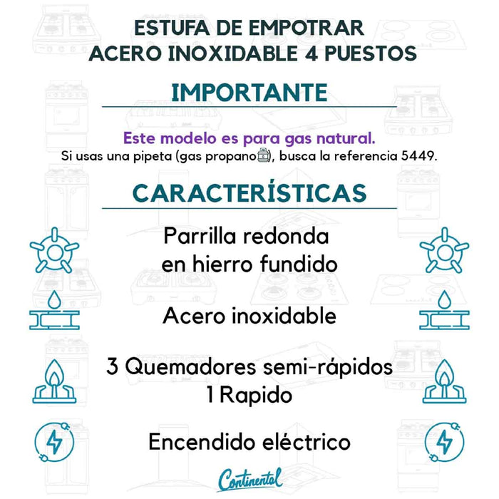 electrodomesticosdecocinaestufaempotrable4puestosconmedidade61x51agasnatural110venaceroinoxidable5418continentalclb5418mpmadecentro6