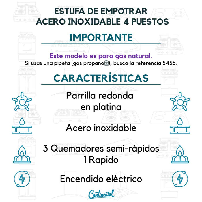 electrodomesticosdecocinaestufaempotrable4puestosconmedidade61x51agasnatural110venaceroinoxidable5463continentalclb5463mpmadecentro8