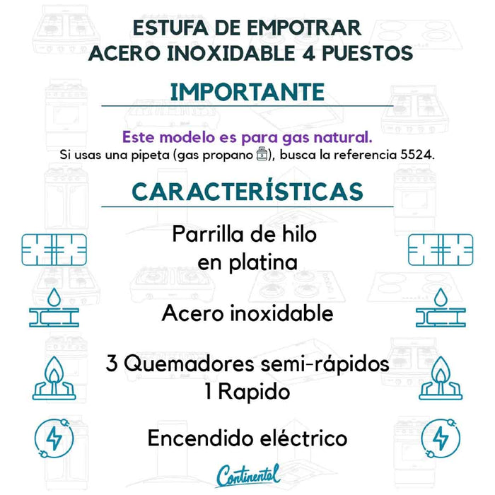 electrodomesticosdecocinaestufaempotrable4puestosconmedidade61x51agasnatural110venaceroinoxidable,colorgris5531continentalclb5531mpmadecentro8