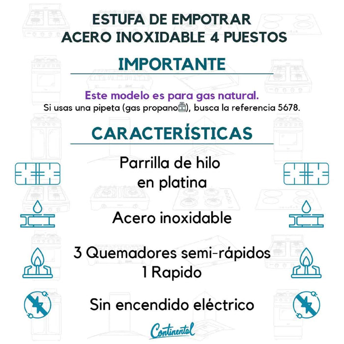 electrodomesticosdecocinaestufaempotrable4puestosconmedidade61x51agasnaturalenaceroinoxidable5630continentalclb5630mpmadecentro5