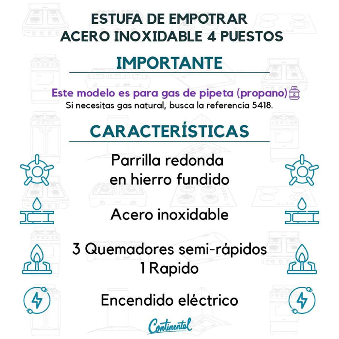 electrodomesticosdecocinaestufaempotrable4puestosconmedidade61x51agaspropano110venaceroinoxidable5449continentalclb5449mpmadecentro6