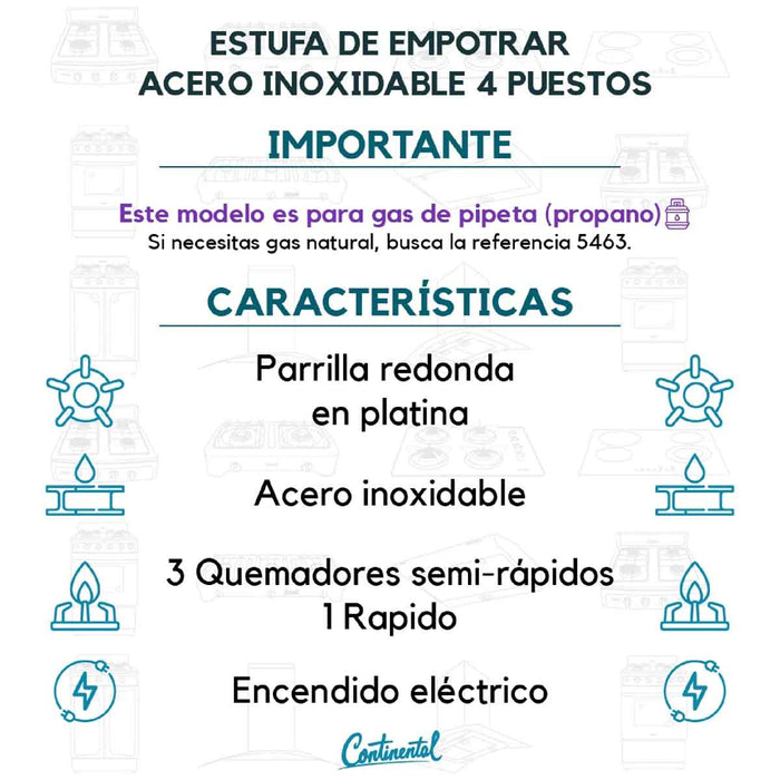 electrodomesticosdecocinaestufaempotrable4puestosconmedidade61x51agaspropano110venaceroinoxidable5456continentalclb5456mpmadecentro8