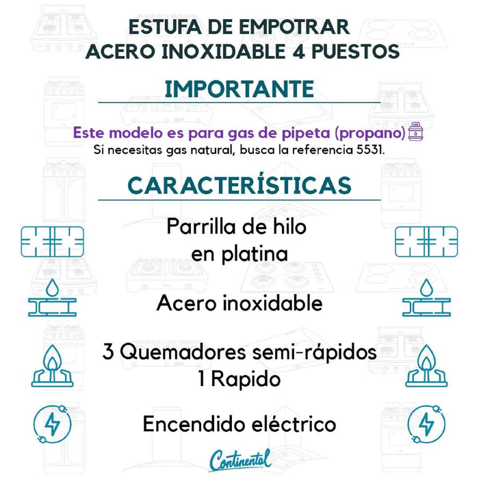 electrodomesticosdecocinaestufaempotrable4puestosconmedidade61x51agaspropano110venaceroinoxidable5524continentalclb5524mpmadecentro5