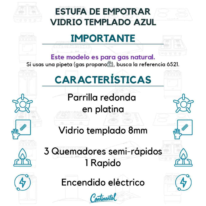 electrodomesticosdecocinaestufaempotrable4puestosconmedidade62x52agasnatural110venvidriotempladoazul6507continentalclb6507mpmadecentro7