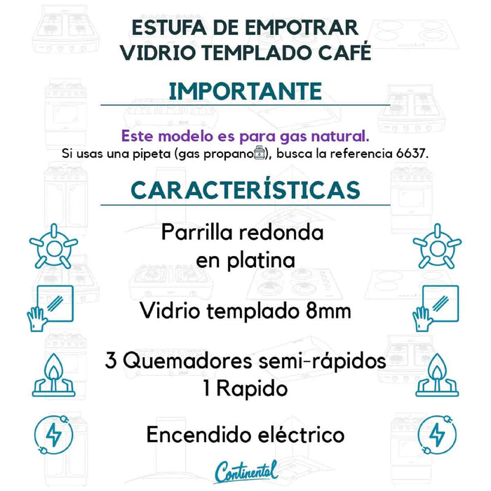 electrodomesticosdecocinaestufaempotrable4puestosconmedidade62x52agasnatural110venvidriotempladocafé6620continentalclb6620mpmadecentro7