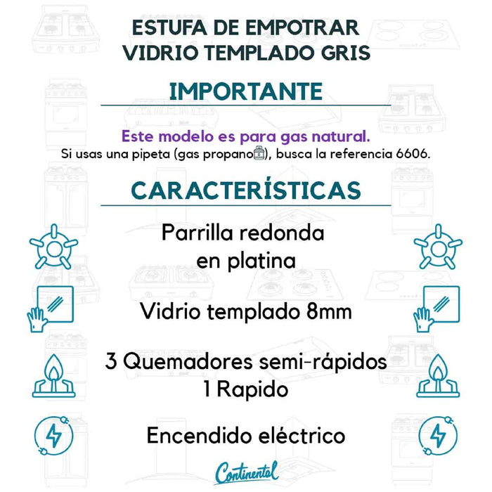 electrodomesticosdecocinaestufaempotrable4puestosconmedidade62x52agasnatural110venvidriotempladogris6583continentalclb6583mpmadecentro7