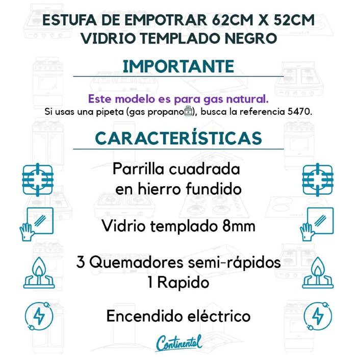 electrodomesticosdecocinaestufaempotrable4puestosconmedidade62x52agasnatural110venvidriotempladoparrillahierrofundido5487continentalclb5487mpmadecentro7