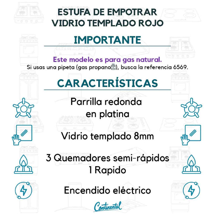 electrodomesticosdecocinaestufaempotrable4puestosconmedidade62x52agasnatural110venvidriotempladorojo6545continentalclb6545mpmadecentro8