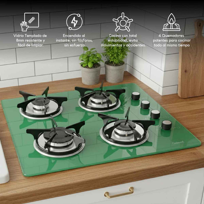 electrodomesticosdecocinaestufaempotrable4puestosconmedidade62x52agasnatural110venvidriotempladoverde6675continentalclb6675mpmadecentro4