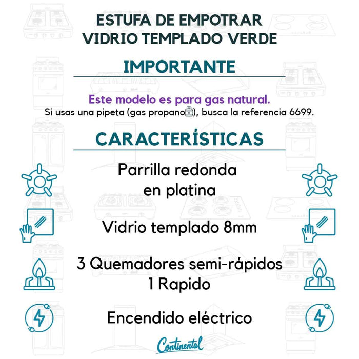 electrodomesticosdecocinaestufaempotrable4puestosconmedidade62x52agasnatural110venvidriotempladoverde6675continentalclb6675mpmadecentro6