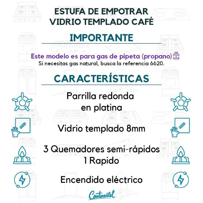 electrodomesticosdecocinaestufaempotrable4puestosconmedidade62x52agaspropano110venvidriotempladocafé6637continentalclb6637mpmadecentro7