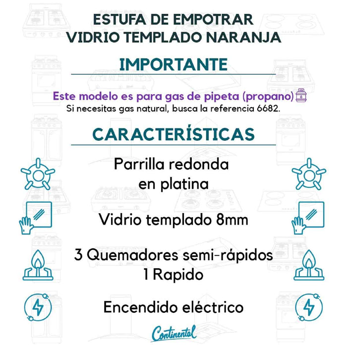electrodomesticosdecocinaestufaempotrable4puestosconmedidade62x52agaspropano110venvidriotempladonaranja6668continentalclb6668mpmadecentro6