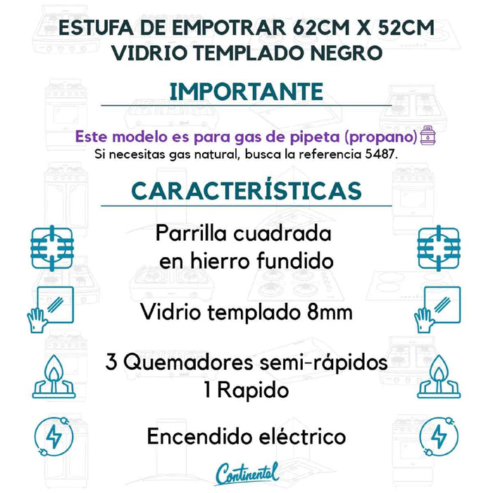 electrodomesticosdecocinaestufaempotrable4puestosconmedidade62x52agaspropano110venvidriotempladoparrillahierrofundido5470continentalclb5470mpmadecentro