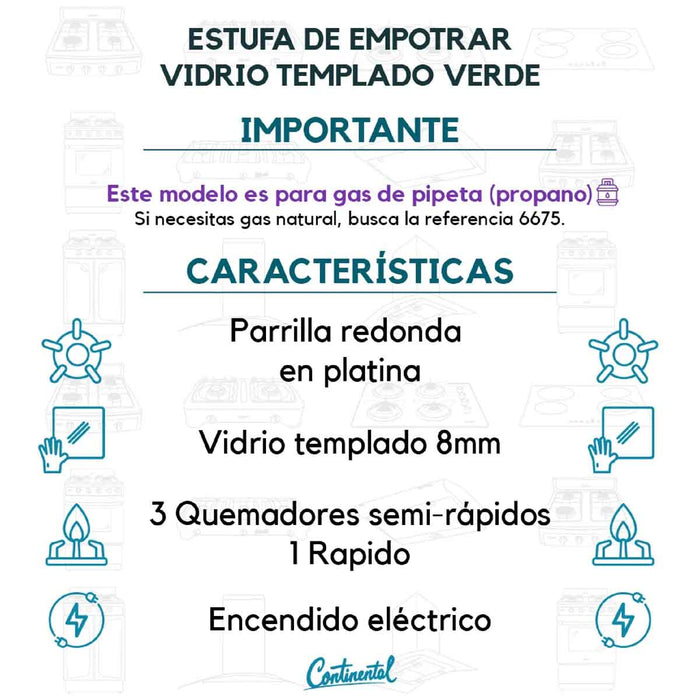 electrodomesticosdecocinaestufaempotrable4puestosconmedidade62x52agaspropano110venvidriotempladoverde6699continentalclb6699mpmadecentro6