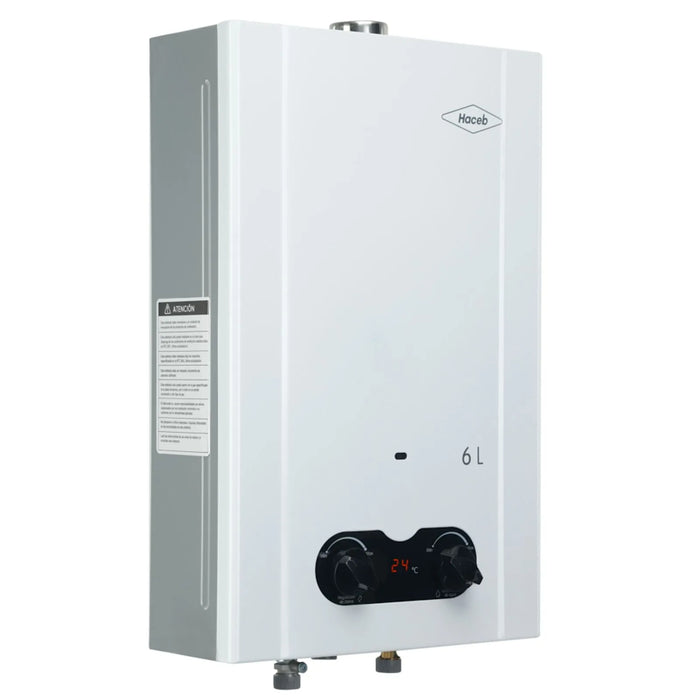 Calentador de agua color blanco con paso a gas natural capacidad de 6 Litros marca Haceb.