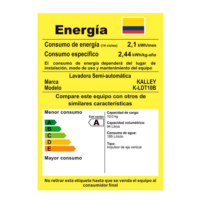 Lavadora semi automática con capacidad de10 kg