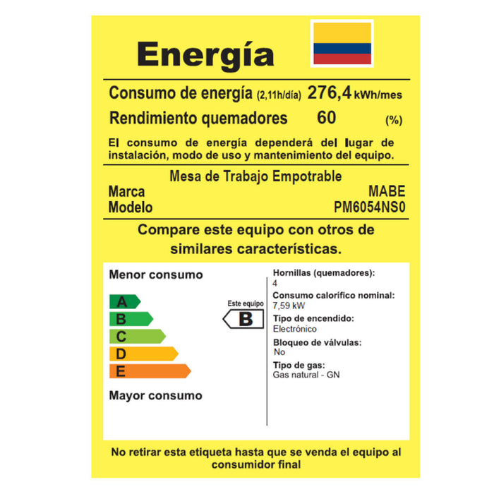 Estufa de empotrar acero Inoxidable 60X50 cm gas natural marca Mabe