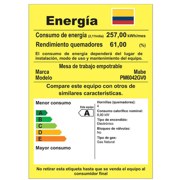 Estufa de empotrar cristal negro 58X50 cm gas natural marca Mabe