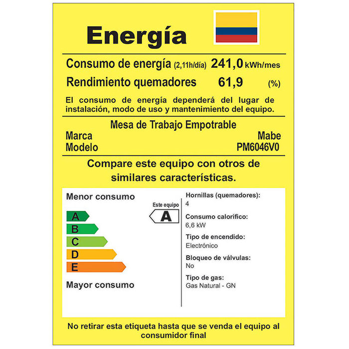 Estufa de empotrar cristal negro 60X45 cm Hierro fundido gas natural Mabe