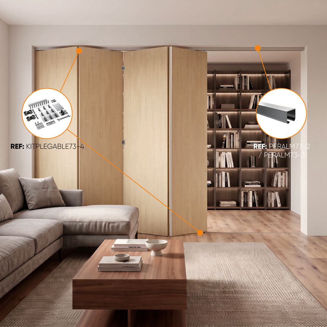 Guía de perfiles y rodamientos para Kit de rodamientos para 4 puertas plegables en divisiones de ambientes interiores