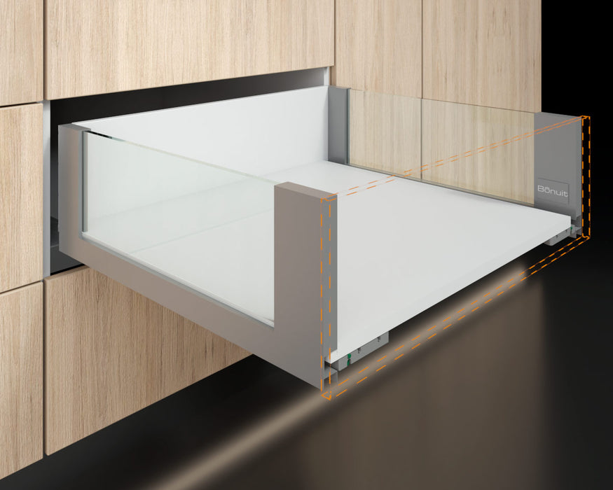 Cajón costado metálico recto slim box alto con vidrio