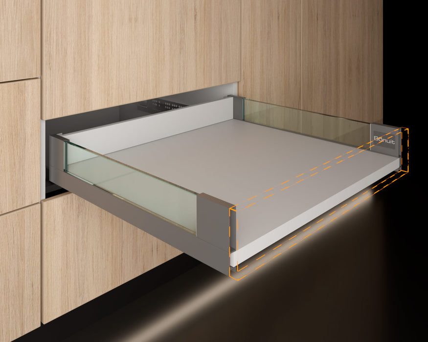 Cajón costado metálico recto slim box bajo con vidrio