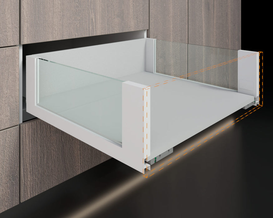 Cajón costado metálico recto slim box alto con vidrio