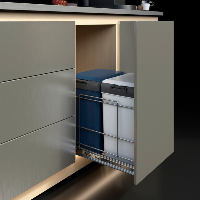 Basurero contenedor doble con tapa y riel de extensión total. No incluye el enganche frontal