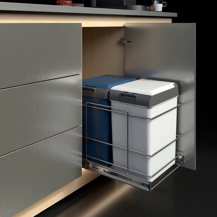 Basurero contenedor doble con tapa y riel de extensión total. No incluye el enganche frontal