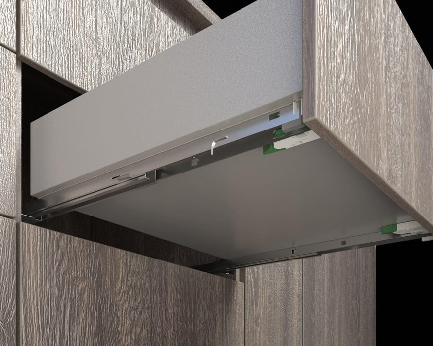 Riel corredera para cajón montaje bajo cierre lento y push to open, de extensión total 25kg