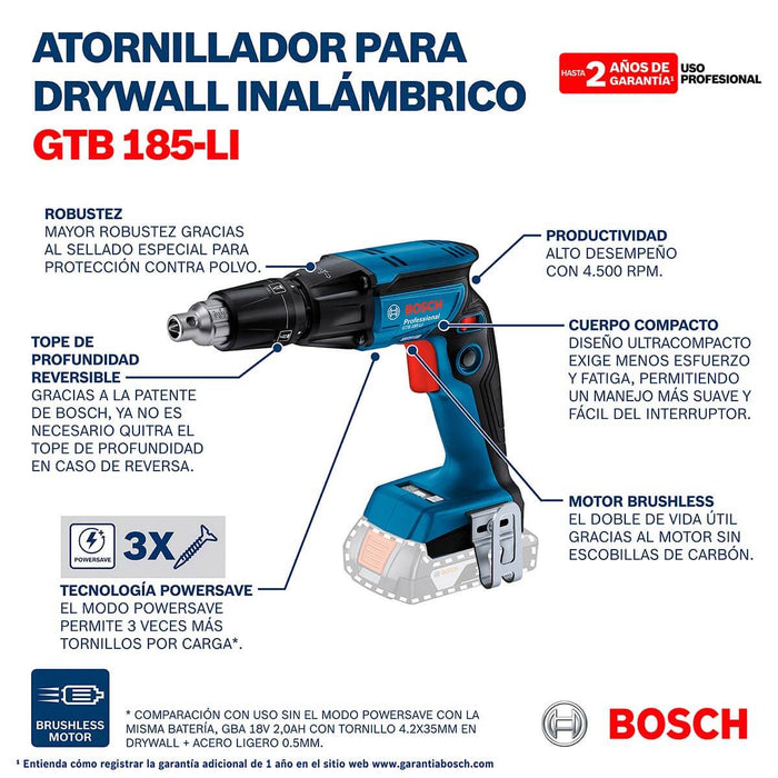 Atornillador inalámbrico para Drywall18V GTB 185-LI+ Kit 2 Baterías 18V 2,0 Ah + Cargador GAL 18V-20 Marca Bosch