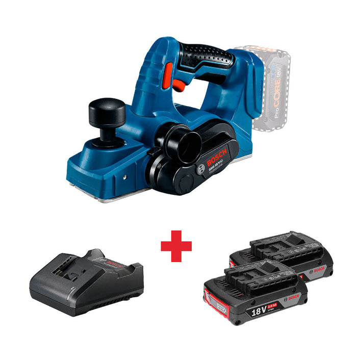 Cepillo inalámbrico 18V GHO 18 V-LI, + Kit 2 Baterías 18V 2,0 Ah + Cargador GAL 18V-20 Marca Bosch