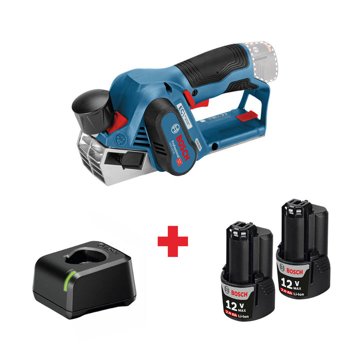 Cepillo inalámbrico 12VGHO 12V-20 Brushless + Kit 2 Baterías 12V 2 Ah + Cargador de batería GAL12V-20 Marca Bosch