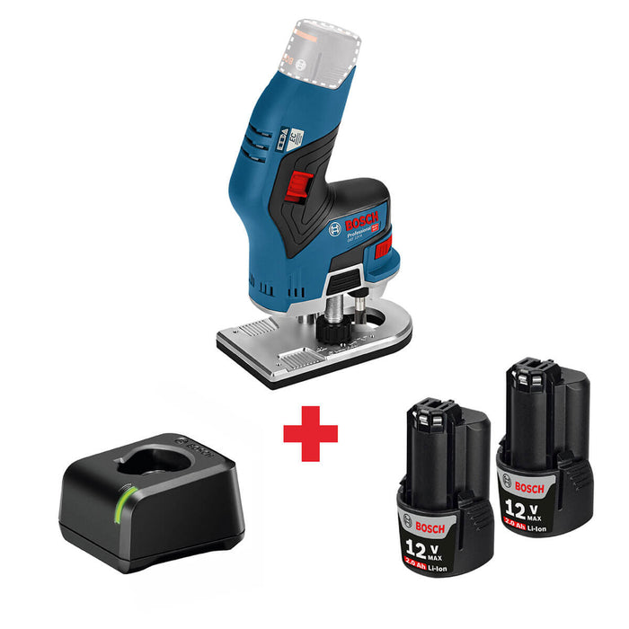 Fresadora inalámbrica 12V, GKF 12V-8 Brushless + Kit 2 Baterías 12V 2 Ah + Cargador de batería GAL12V-20 Marca Bosch