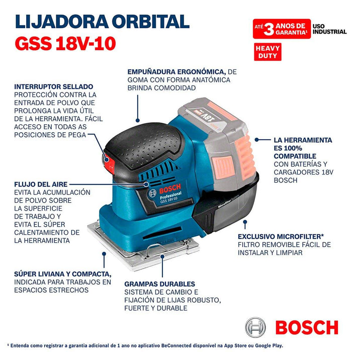 Lijadora orbital inalambrica 18V GSS 18V-10, + Kit 2 Baterías 18V 2,0 Ah + Cargador GAL 18V-20 Marca Bosch