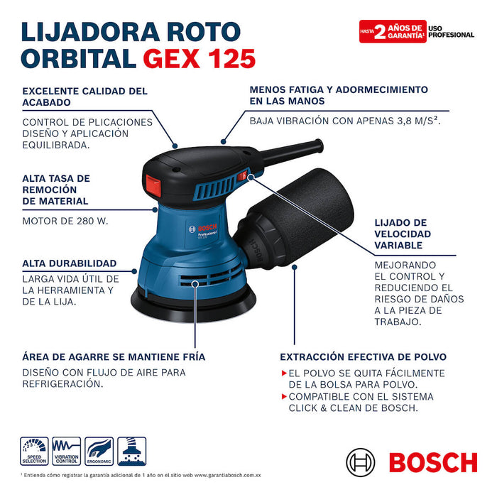 Lijadora roto-orbital 125 mm 280 W marca Bosch