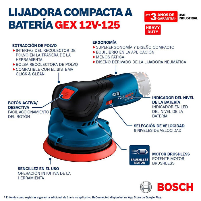 Lijadora roto orbital inalámbrica 12V GEX 12V-125 Brushless + Kit 2 Baterías 12V 2 Ah + Cargador de batería GAL12V-20 Marca Bosch