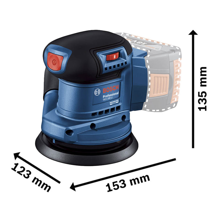 Lijadora roto orbital inalámbrica 18V GEX 185-LI Brushless + Kit 2 Baterías 18V 2,0 Ah + Cargador GAL 18V-20 Marca Bosch