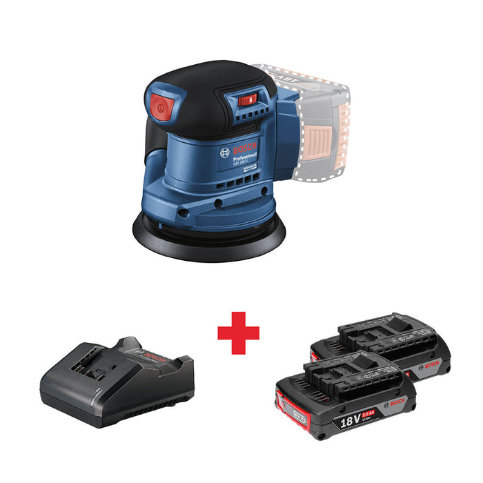 Lijadora roto orbital inalámbrica 18V GEX 185-LI Brushless + Kit 2 Baterías 18V 2,0 Ah + Cargador GAL 18V-20 Marca Bosch