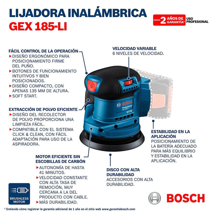 Lijadora roto orbital inalámbrica 18V GEX 185-LI Brushless + Kit 2 Baterías 18V 2,0 Ah + Cargador GAL 18V-20 Marca Bosch