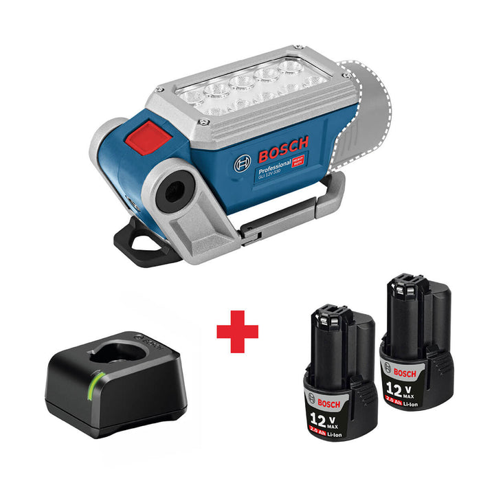 Linterna inalámbrica 12V, 330 Lm GLI 12V-330 + Kit 2 Baterías 12V 2 Ah + Cargador de batería GAL12V-20 Marca Bosch