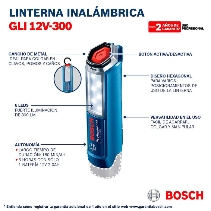 Linterna inalámbrica 12V, 300 Lm GLI 12V-300 + Kit 2 Baterías 12V 2 Ah + Cargador de batería GAL12V-20 Marca Bosch