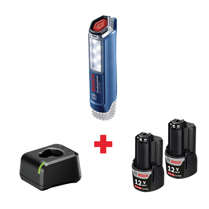 Linterna inalámbrica 12V, 300 Lm GLI 12V-300 + Kit 2 Baterías 12V 2 Ah + Cargador de batería GAL12V-20 Marca Bosch